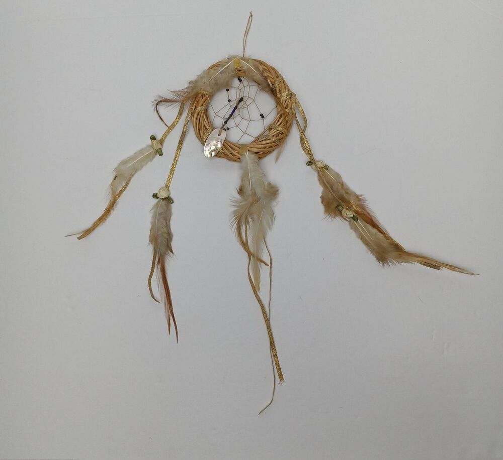 Dreamcatcher Woven Twig Hoop Feather Hanging Seashell Beaded Gold Thread Design
